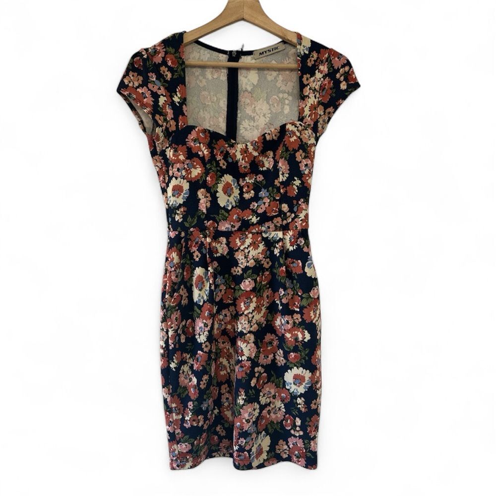 Mystic Floral Mini Dress XS Stretch Square Neck Cap Sleeve Romantic Bodycon 90s